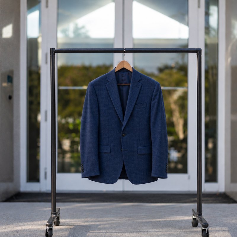 An empty blazer on a hanger in front of the office doors